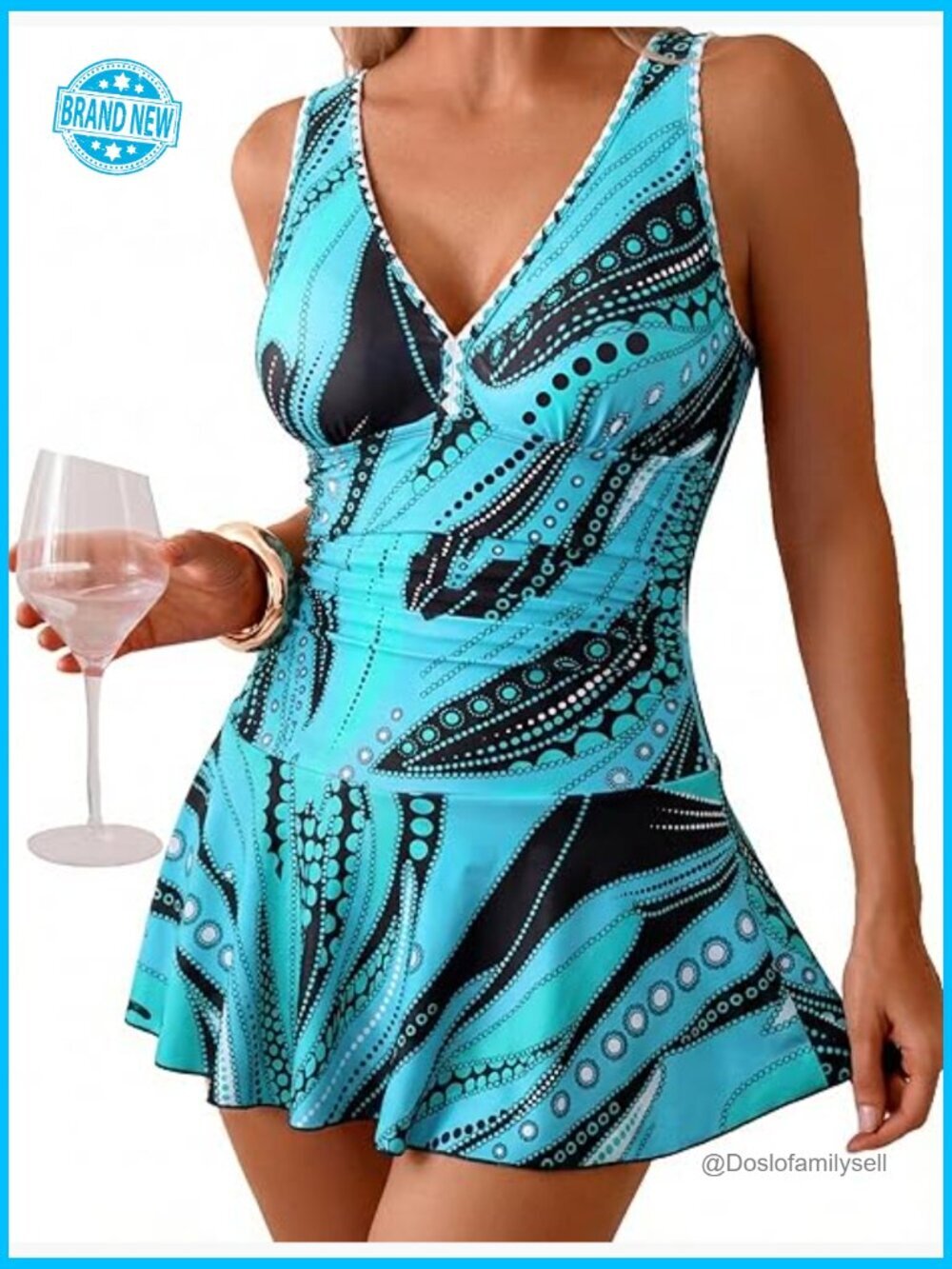 One Piece Swim Dress Ruched Tummy Control V Neck Skirt Bathing Suit Modest